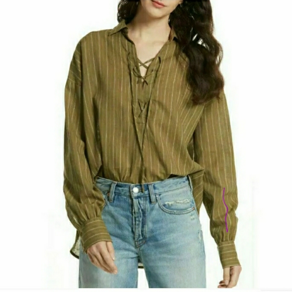 Free People Under the Boardwalk Olive Green Lace Up Tunic Top XS EUC